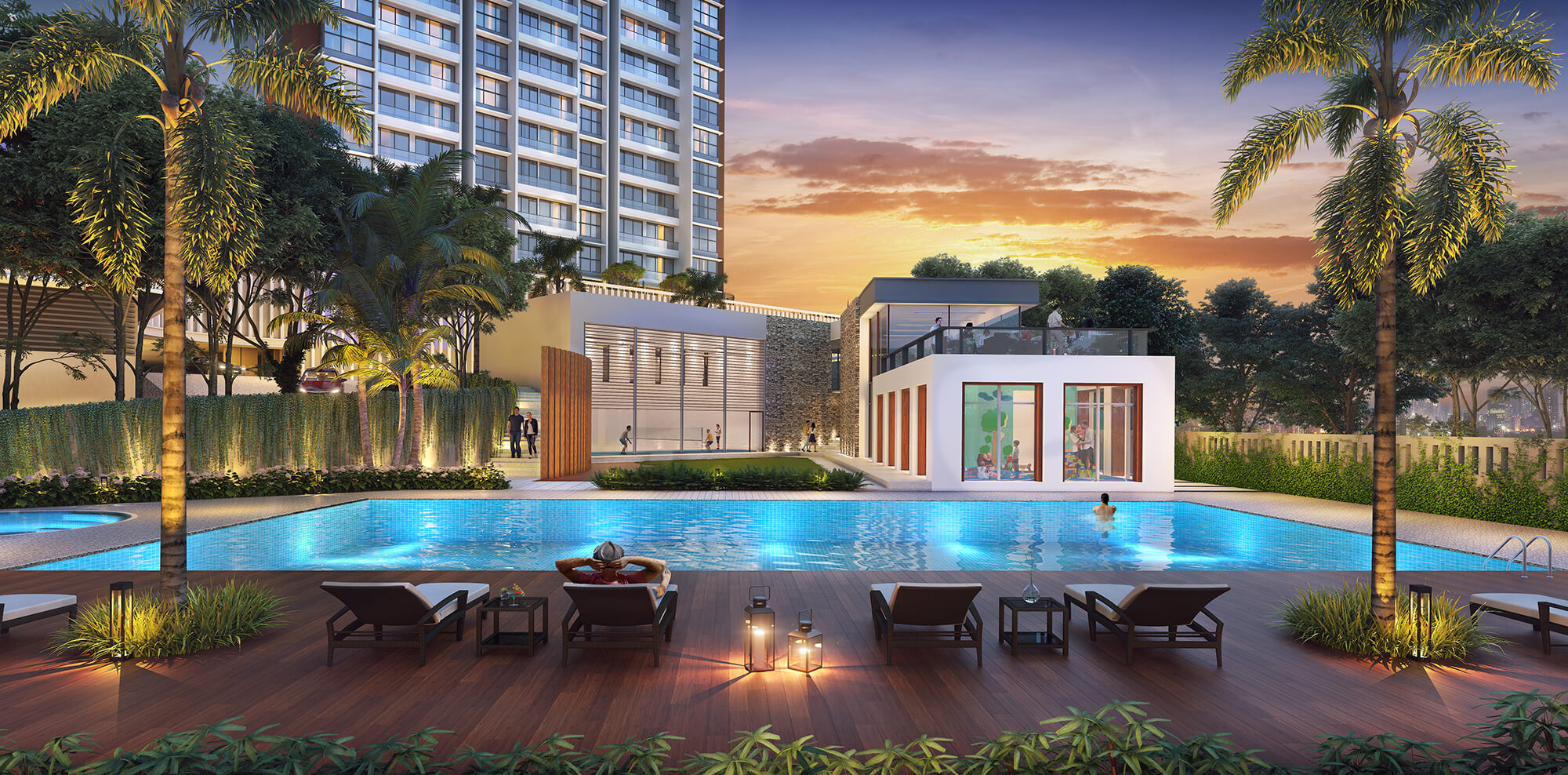 Landscaped pool deck at Godrej Bliss
