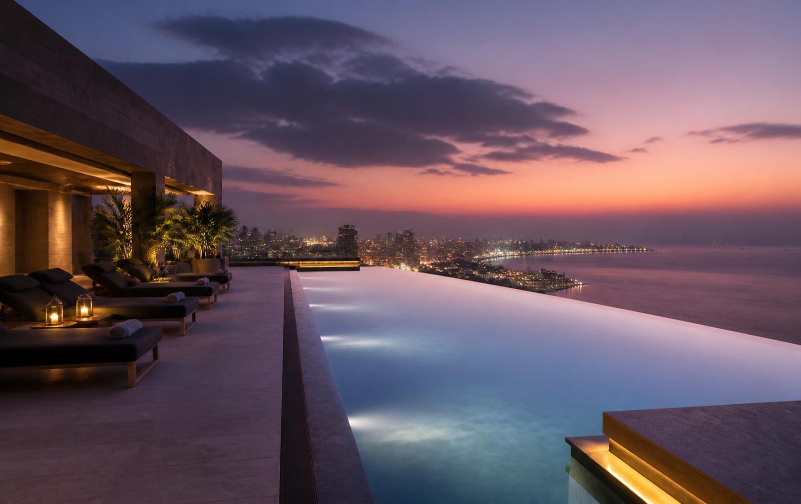Elevated pool deck overlooking the Mumbai coastline