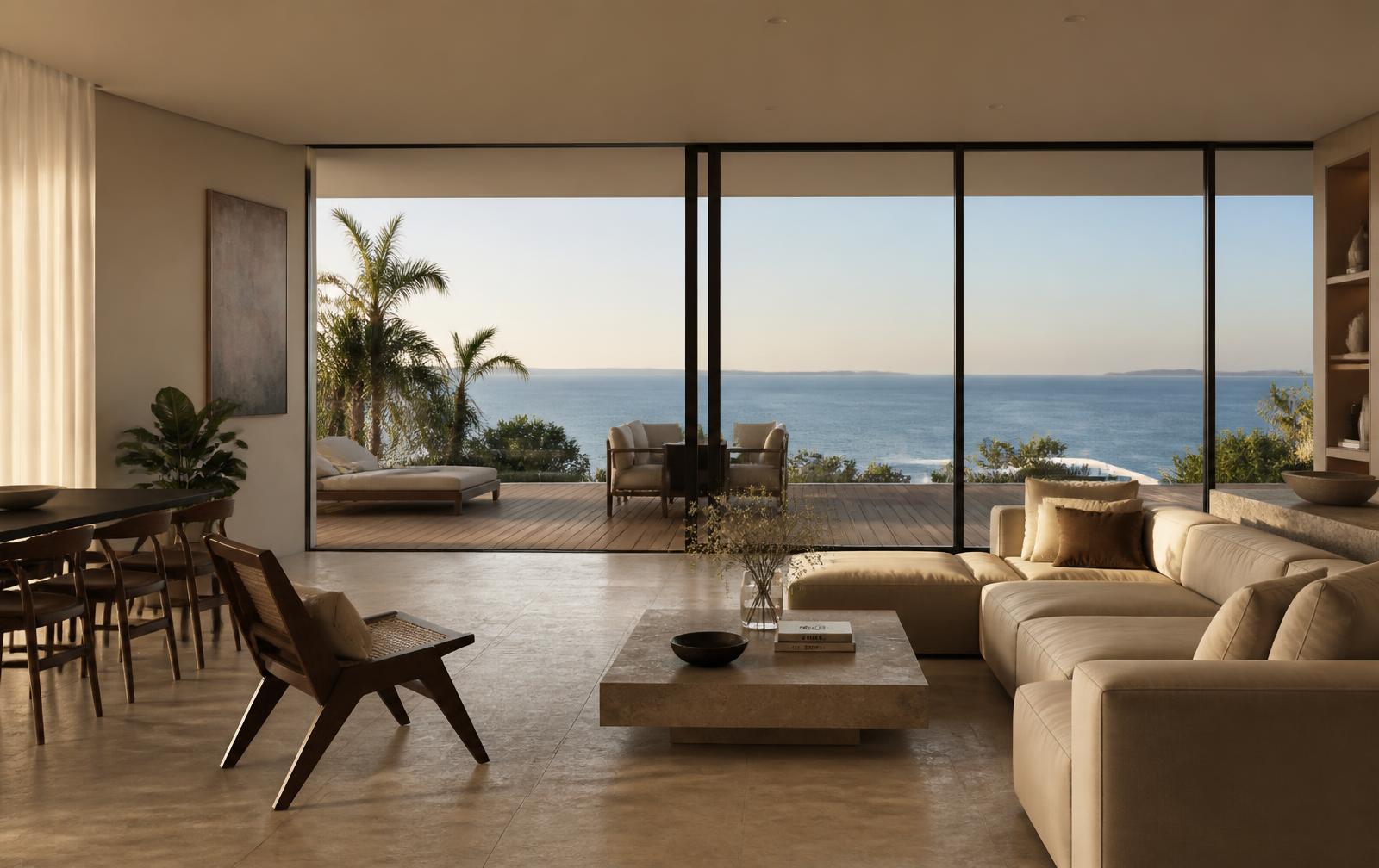Representative ultra-luxury living space opening to a waterfront deck
